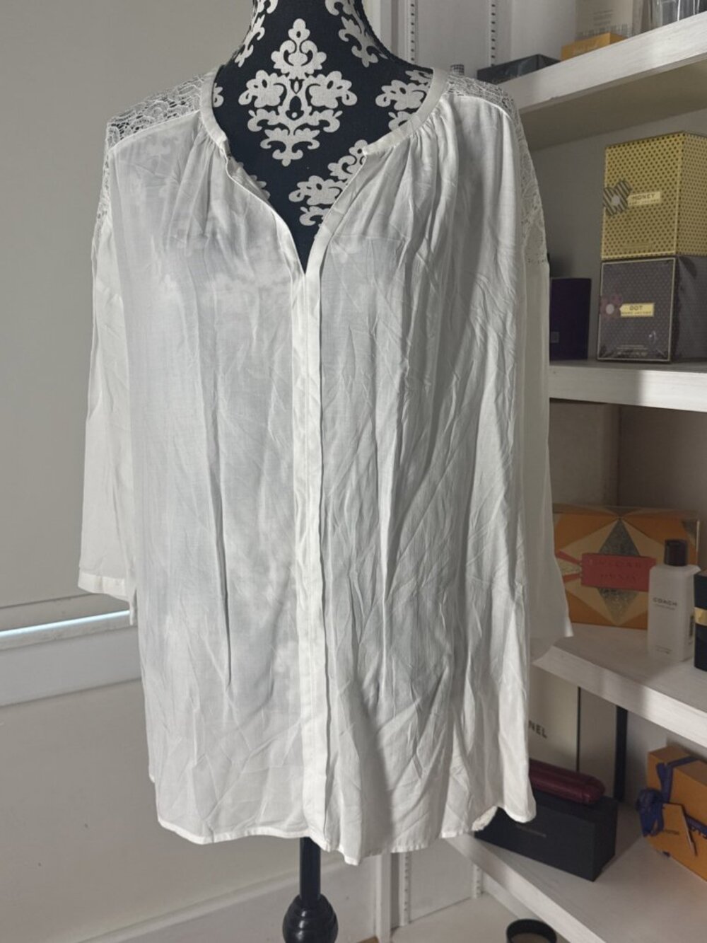 Stylus white lace Inserts women's shirt XL 3/4 Sleeves Lightweight Blouse